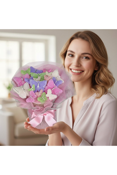 Premium El Emeği Renkli Kelebekler Mum Buketi