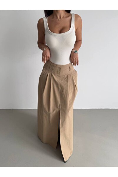 Rabona Fashion Pileli Yırtmaçlı Uzun Etek