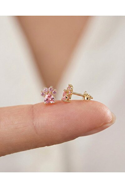 İNDİGO TAKI Pembe Taşlı Kedi Patisi 14 Ayar Altın Küpe