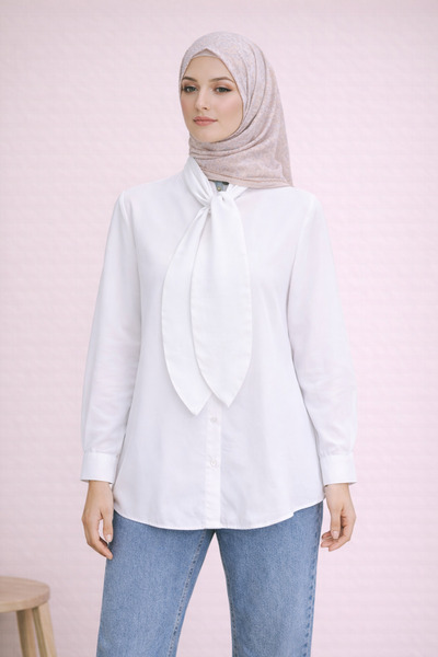 FERHEL Scarf Collar Buttoned Relax Fit Hijab Shirt Minimal Stylish Tunic - White