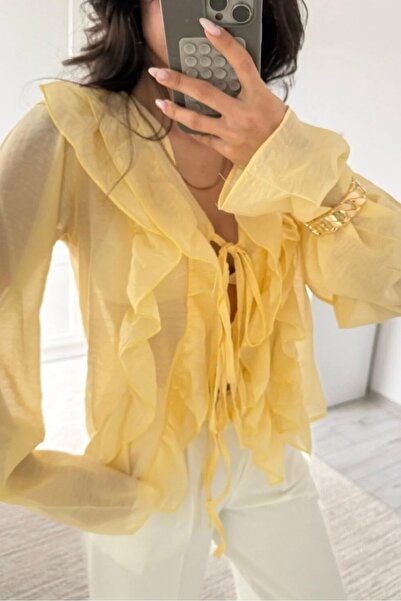 Noi Belis Ruffle Detailed Transparent Woven Shirt Ss26Go0002