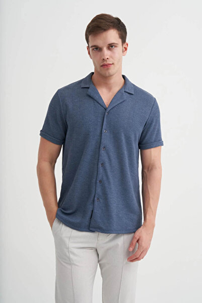 Cazador Slim Fit Knitted Cotton Navy Blue Men's Shirt 20000