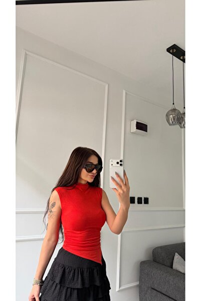 Daves Orange Modal Fabric Sleeveless Blouse with Gathered Sides