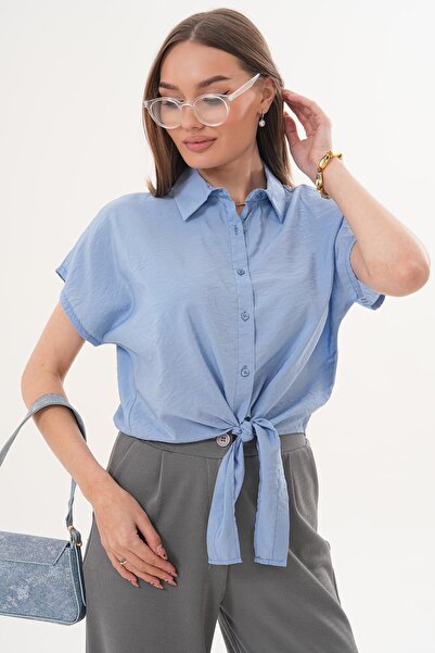 ŞİMAL Дамска блуза с къс ръкав и връзки отпред, изработена от модал 260175 -