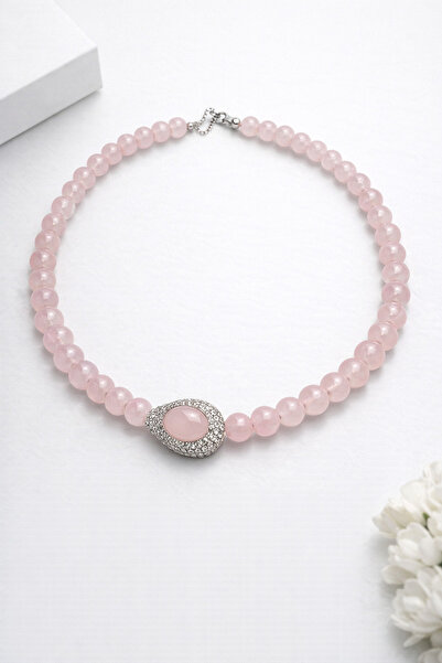 Cunda Doğal Taş Design Pembe Kuvars Doğal Taş Kolye