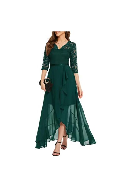 Bbonlinedress Long evening dress, with sleeves, V-neck, dark green