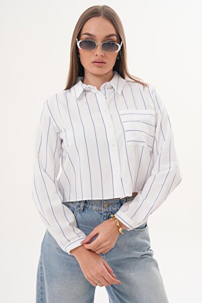ŞİMAL Cămașă scurtă cu mânecă lungă și buzunare cu model în dungi pentru feme...