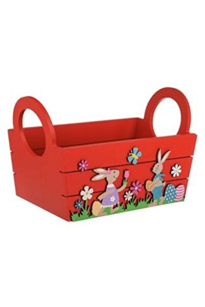 OEM Cutie decorativă de Paște din lemn roșu cu iepuri, fluturi și flori 24 x ...