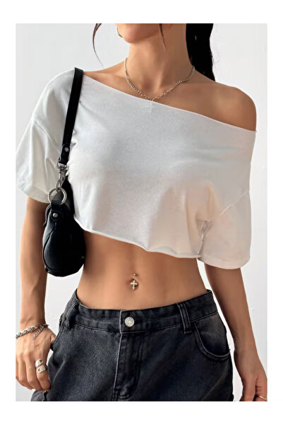 Agolady White Boat Neck Oversize Crop T-Shirt