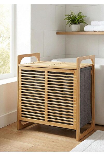 HomeTarz Bambu Çamaşır Sepeti Çift Hazneli 2x35 Litre