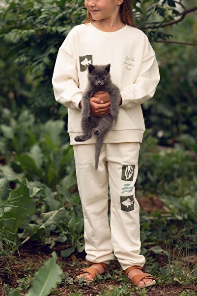 Antebies Pamuk, Sustainable, Krem Doodle Baskılı Erkek Çocuk Sweatshirt Eşofm...