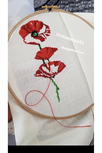 DUYGU KUMAŞ İşlemeye Hazır 6lı Amerikan Servis Seti Gelincik Şablonu Ve İpler...