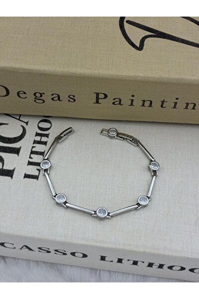 Hedef Bijuteri Silver Color Round Zircon Stone Stick Chain Model Bracelet Cm124