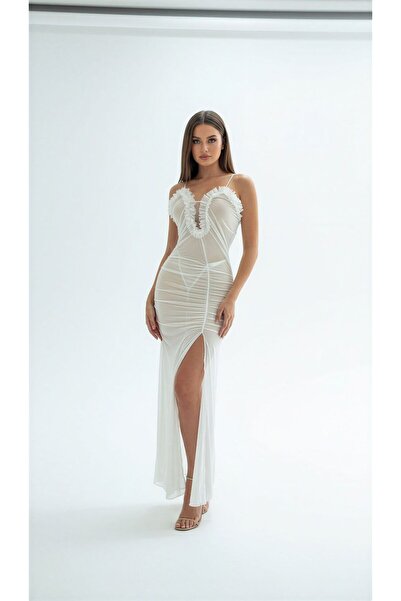 İZOSCA Beyaz Fırfırlı Drapeli Özel Gece Elbisesi