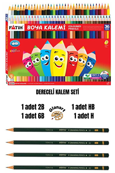 Glanart dereceli resim kalemi seti(2b,6b,h,hb) + fatih 36 renk kuru boya seti
