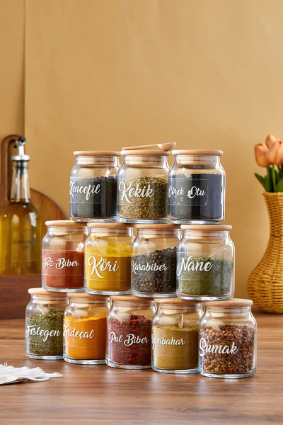 MODA OZY Labeled Wooden Lid 300 ml 12 Jars and 12 Mini Spice Spoons - 24 Piec...