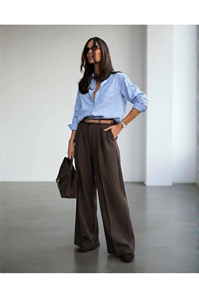 TrendParis Pantaloni Palazzo cu talie înaltă, cu dungi și picior larg