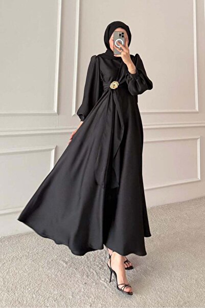 Rimel Moda Şura Broş Saten Abiye Siyah