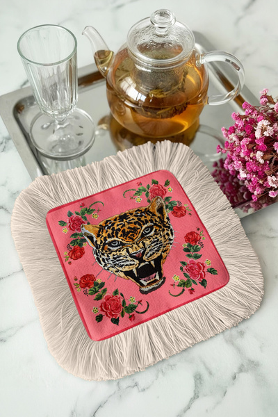 Evimde Bambaşka Leopard Floral Motif Fringed Serving Cocktail Napkin - Vibran...