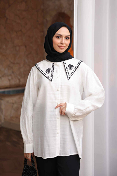 İmajButik Ecru Nfc-5345 Collar Embroidered Buttoned Shirt