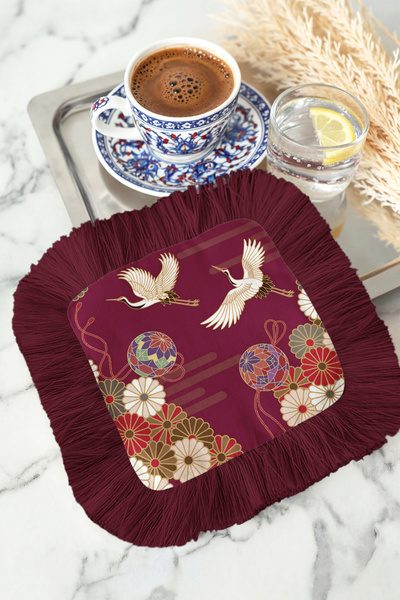 Evimde Bambaşka Elegant Crane Bird Fringed Presentation Napkin - Japanese-Inspired Luxurious Bohemian Burgundy Coaster Tissue