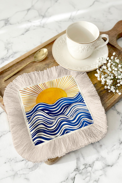 Evimde Bambaşka Servetă de cafea cu franjuri și motiv cu valuri însorite, cu ...