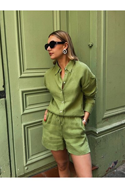 modaserdem Women's Long Sleeve Loose Shirt and Shorts Linen Two-Piece Set