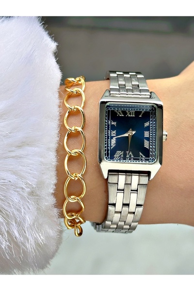 Tisaati ساعة يد نسائية من سلسلة بريميوم بتصميم مربع خاص ورقم روماني وسوار معد...