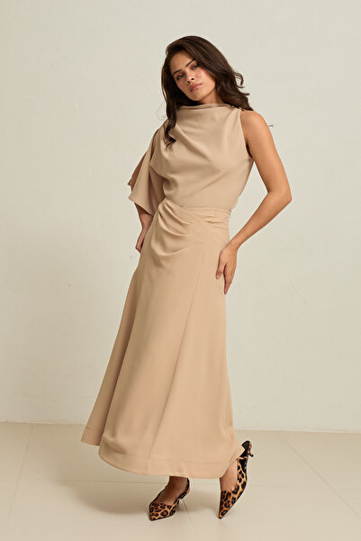 Setre Biscuit-Colored Midi Skirt with Drawstring Waist and Stitching Detail
