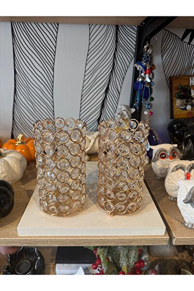 Atak Hediyelik Dekoratif Kristal taşlı 2’li silindir metal mumluk gold