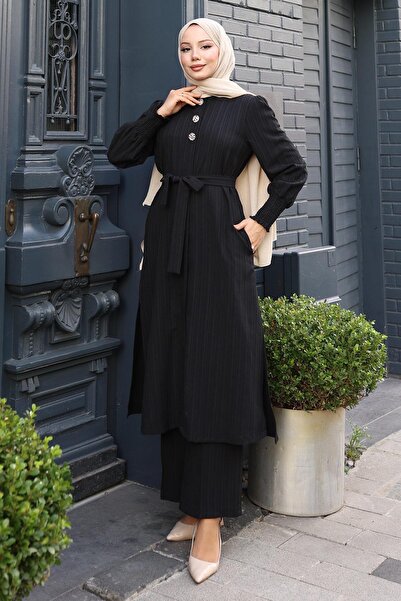 Modamihram Button Detailed Belted Suit Black 19291