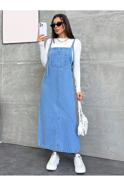 KENE JEANS Long Denim Jumpsuit/Strap-Detached Detail Denim Salopet