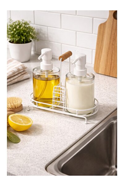 Tiran Ml 2’li Cam Sıvı Sabunluk Seti Beyaz Metal Standlı Şişe