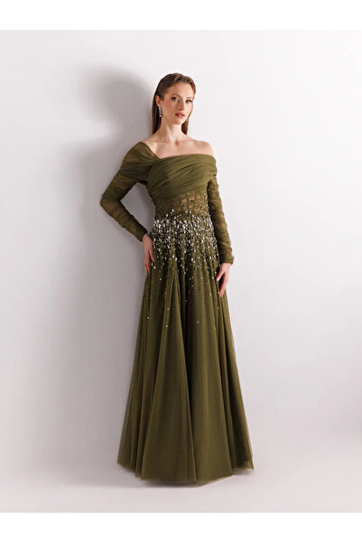 Kenzel Straplez Uzun Kollu Full beden İşlemeli Prenses Abiye Elbise