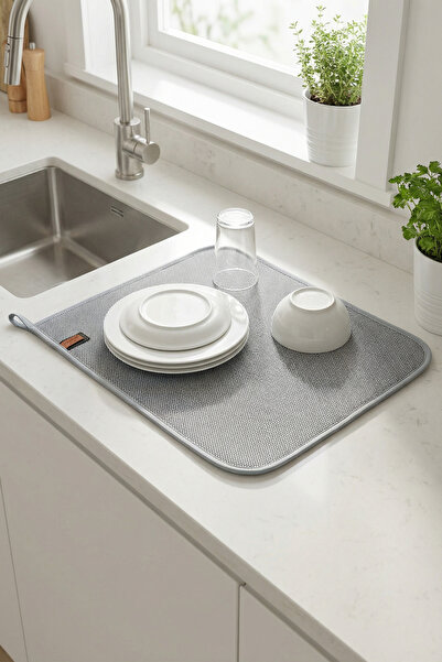 HAMUR Gri Renk Bulaşık Kurutma Matı Mutfak Kurutma Örtüsü Pedi Tezgah Üstü Ku...
