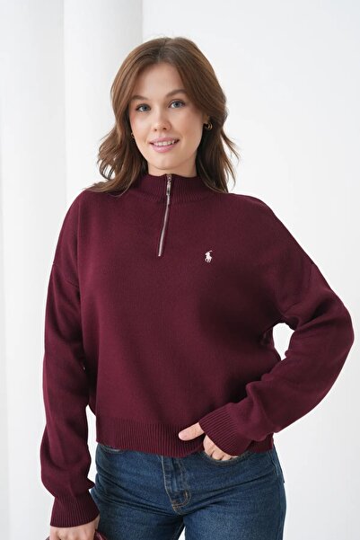 Park Karon Women's Stand Collar Half Zipper Soft Textured Knitwear Sweater 10536