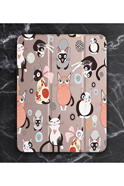 Cekuonline Lenovo Tab P12 12.7" Kılıf Desenli Uyku Modlu Smart Cover 1-1 Kedi...