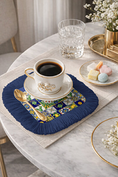 Evimde Bambaşka Mediterranean Ceramic Mosaic Fringed Presentation Napkin - Su...
