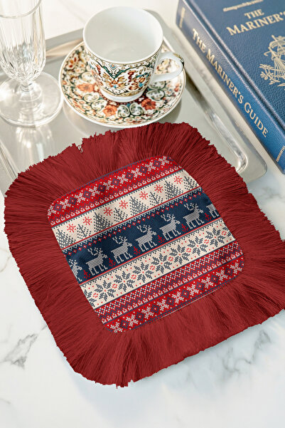 Evimde Bambaşka Șervețel de prezentare cu franjuri cu motiv nordic cu cerb - ...