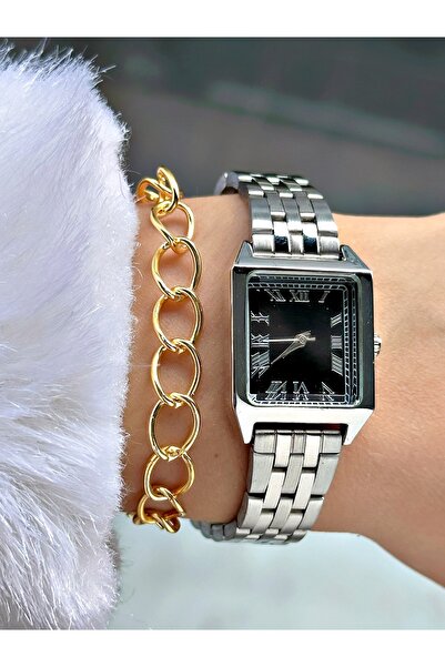 Tisaati ساعة يد نسائية من سلسلة بريميوم بتصميم مربع خاص ورقم روماني وسوار معد...