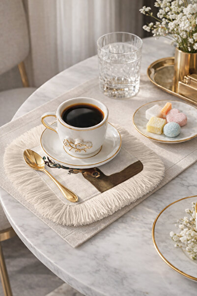 Evimde Bambaşka Fancy Deer Patterned Tasseled Presentation Napkin - Vintage B...