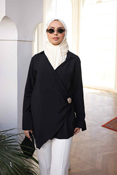 İmajButik Black Double-Breasted Collar Brooch Detailed Kimono Shirt