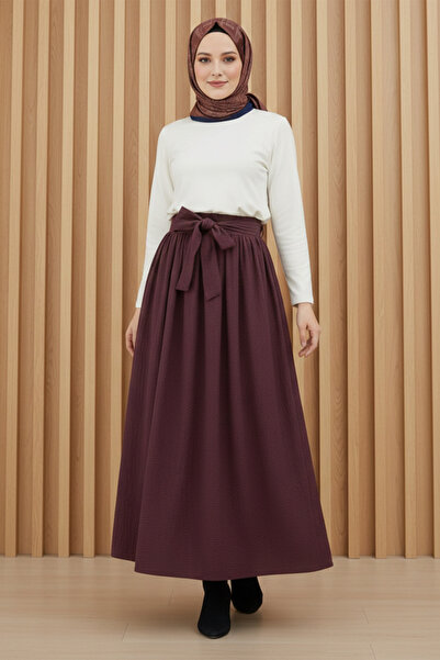 FERHEL Women's Pleated Belted Parachute Fabric Long Skirt - Cherry