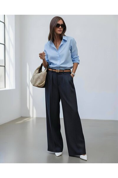 TrendParis Pantaloni Palazzo cu talie înaltă, cu dungi și picior larg