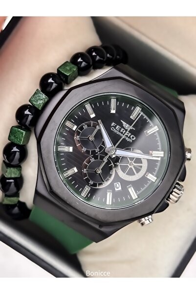 FERRO Sports Men's Wristwatch, Functions Active, Green Silicone Cord, in Styl...