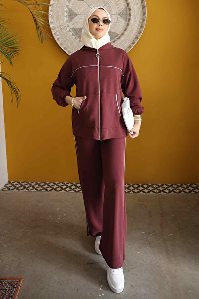 İmajButik Burgundy Hooded Zippered Sweat Cardigan Pants Set