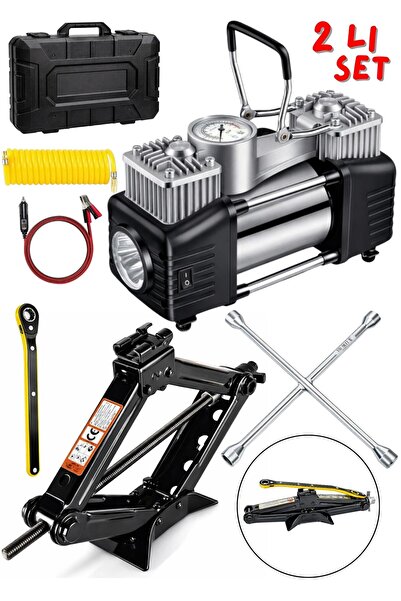 MOONSHOP Oto Krikosu 1.5 Ton Makas Cırcırlı Araç Kriko+Çift pistonlu Şişirme ...