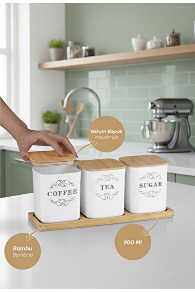 Store HGY HOME Bambu Tepsili 3' lü Çay Kahve Şeker Kutusu - 900ML