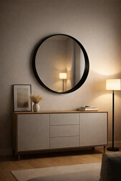 MARIA HOMES Modern Round Wall Mirror 90cm Large Black Wooden Frame Circle Mir...