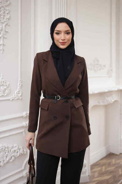 İmajButik Brown Kravuze Collar Belted Lined Jacket